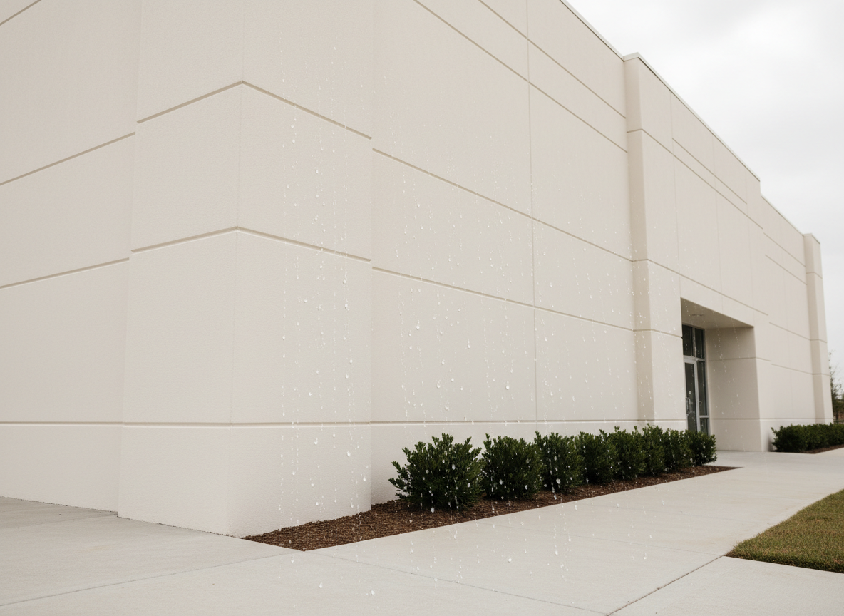 A photorealistic exterior façade of a contemporary low-rise commercial building, its walls finished with graphene-enhanced exterior coating in a crisp, warm white tone. The coating exhibits a refined, uniform texture that subtly repels water, shown through tiny raindrops beading perfectly and rolling down without leaving streaks. The building is framed by simple landscaping with dark green shrubs and a smooth concrete walkway. Soft overcast daylight evenly illuminates the scene, reducing harsh shadows and allowing the coating’s consistency to stand out. Captured from a slightly low-angle three-quarter view, the composition follows the rule of thirds, with the façade dominating the frame and the sky filling the upper portion. The mood is dependable and forward-thinking, showcasing durability, weather resistance, and clean architectural aesthetics.