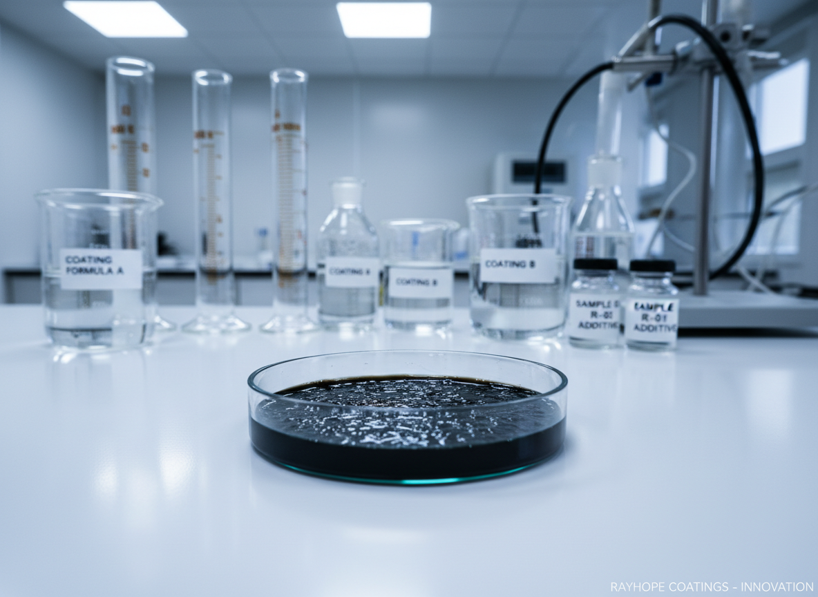 A high-tech laboratory close-up in photographic realism, focusing on a clear glass petri dish filled with a dark, shimmering graphene dispersion used as an additive for functional coatings. The liquid appears inky black with subtle iridescent reflections hinting at nano-scale flakes. The dish rests on a pristine white laboratory bench, surrounded by slightly blurred lab glassware—graduated cylinders, beakers with transparent coating formulas, and neatly labeled sample vials. Cool, bright overhead lab lighting creates precise highlights on glass surfaces and faint reflections on the bench. Shot from a slightly elevated angle with shallow depth of field, the petri dish and its graphene contents are in perfect focus while the background dissolves into soft bokeh. The mood is innovative, precise, and research-driven, reinforcing advanced materials science behind Rayhope’s coatings.