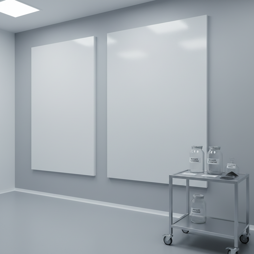 A modern interior test room featuring two adjacent wall panels: one coated with a standard white paint and the other with Rayhope’s graphene-based functional coating. The graphene-coated panel has a subtly richer, more refined white tone with a micro-textured, low-gloss finish, while the standard panel appears flatter and slightly dull. On a nearby stainless-steel laboratory cart sit labeled glass containers of coating samples and a small graphene powder sample dish. Neutral gray flooring and a clean, uncluttered space emphasize professionalism. Cool, even studio lighting from overhead creates precise, controlled reflections that highlight surface differences. Shot from a slightly angled, mid-distance perspective with sharp focus throughout, the mood is analytical, trustworthy, and scientific, illustrating performance comparison in a clean, photographic realism style.