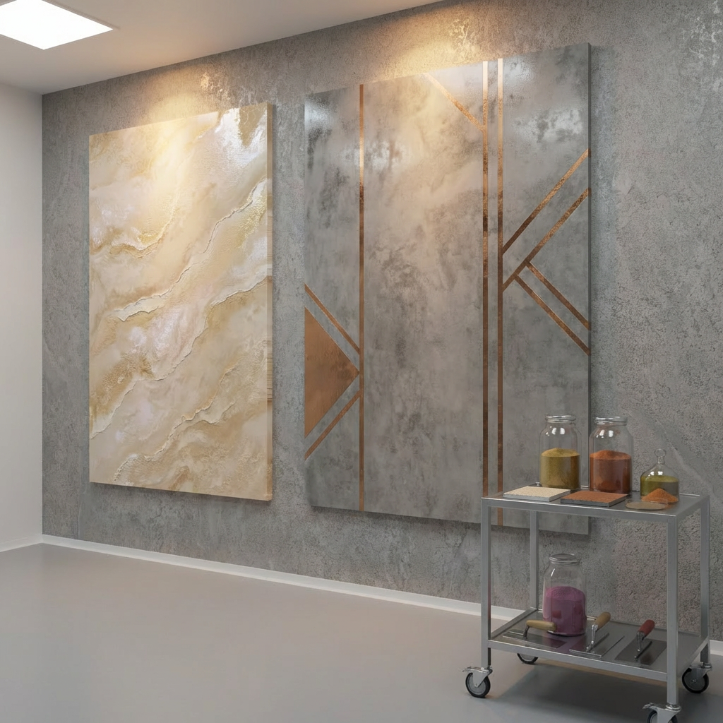 A modern interior test room featuring two adjacent wall panels: one coated with a standard white paint and the other with Rayhope’s graphene-based functional coating. The graphene-coated panel has a subtly richer, more refined white tone with a micro-textured, low-gloss finish, while the standard panel appears flatter and slightly dull. On a nearby stainless-steel laboratory cart sit labeled glass containers of coating samples and a small graphene powder sample dish. Neutral gray flooring and a clean, uncluttered space emphasize professionalism. Cool, even studio lighting from overhead creates precise, controlled reflections that highlight surface differences. Shot from a slightly angled, mid-distance perspective with sharp focus throughout, the mood is analytical, trustworthy, and scientific, illustrating performance comparison in a clean, photographic realism style.