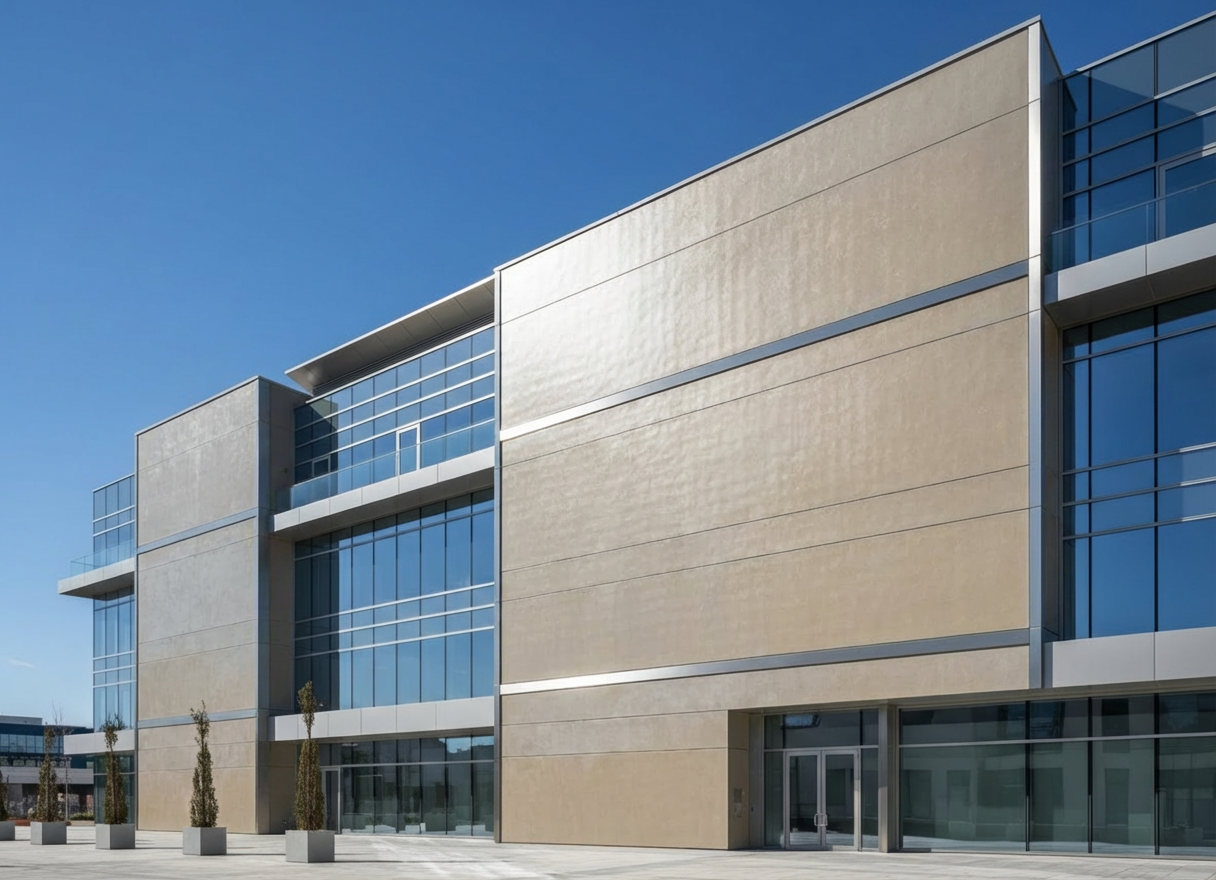 Photorealistic view of a sleek modern commercial building facade with clean, light-colored exterior walls coated in advanced protective graphene-based paint, clear sky, sharp lines, glass and metal accents, high-tech professional architecture