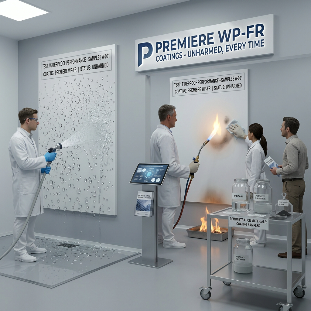 Durability Tests for Waterproof and Fireproof Coatings Two panels undergoing waterproof and fireproof testing with water spray and flame torch