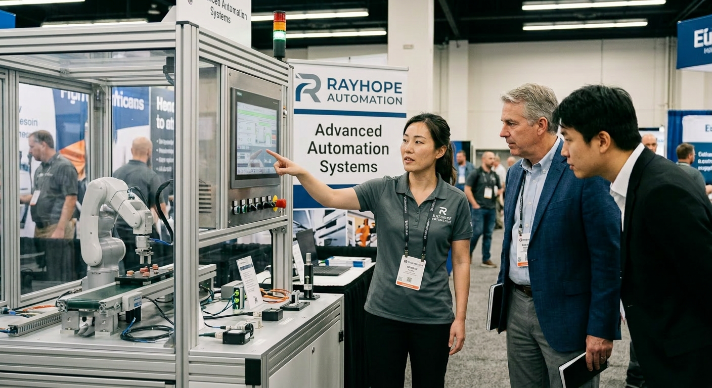Woman demonstrating advanced automation system to two men at an industrial trade show booth
